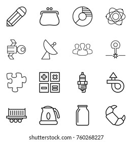 Thin line icon set : pencil, purse, circle diagram, atom, satellite, antenna, group, laser, puzzle, calculator, spark plug, trip, truck shipping, kettle, bank, croissant