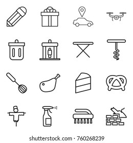 Thin line icon set : pencil, gift, car pointer, drone, bin, detector, iron board, corkscrew, whisk, chicken leg, cake, pretzel, scarecrow, sprayer, brush, construct garbage