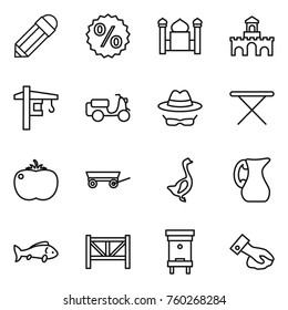 Thin line icon set : pencil, percent, minaret, fort, tower crane, scooter shipping, confidential, iron board, tomato, trailer, goose, jug, fish, farm fence, hive, wiping