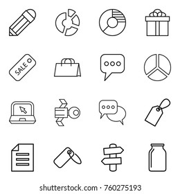 Thin line icon set : pencil, circle diagram, gift, sale, shopping bag, message, notebook, satellite, discussion, label, document, signpost, bank