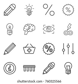 Thin line icon set : pencil, bulb, percent, brain, eye identity, infinity power, add to basket, equalizer, info, bridge