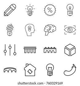 Thin line icon set : pencil, bulb, percent, head, brain, eye identity, equalizer, bridge, 3d, smart house, eggplant