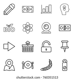 Thin line icon set : pencil, money, graph, bulb head, bio, atom, web cam, right arrow, university, unlock, pin, map, fork spoon plate, peas, do not distrub