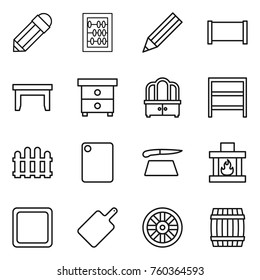 Thin line icon set : pencil, abacus, fence, table, nightstand, dresser, rack, cutting board, fireplace, wheel, barrel