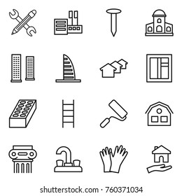 Thin line icon set : pencil wrench, store, nail, mansion, skyscrapers, skyscraper, houses, window, brick, stairs, repair, house, antique column, water tap, gloves, housing