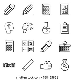 Thin line icon set : pencil, marker, calculator, abacus, bulb head, brain, round flask, clipboard, university, school, ruler, acid, chemical