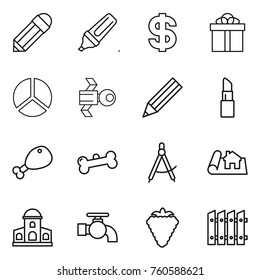 Thin line icon set : pencil, marker, dollar, gift, diagram, satellite, lipstick, chicken leg, bone, draw compass, project, mansion, water tap, berry, fence