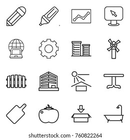 Thin line icon set : pencil, marker, statistics, monitor arrow, notebook globe, gear, district, windmill, fence, office, sun potection, table, cutting board, tomato, package, bath