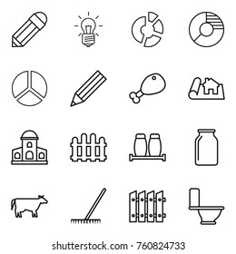 Thin line icon set : pencil, bulb, circle diagram, chicken leg, project, mansion, fence, salt pepper, bank, cow, rake, toilet