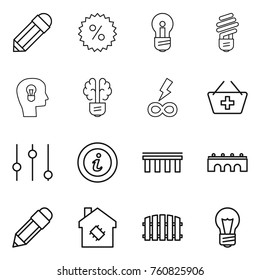 Thin line icon set : pencil, percent, bulb, head, brain, infinity power, add to basket, equalizer, info, bridge, smart house, fence