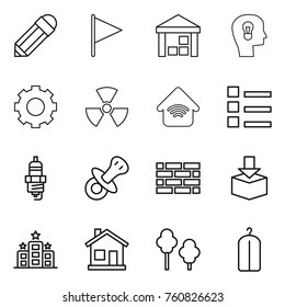 Thin line icon set : pencil, flag, warehouse, bulb head, gear, nuclear, wireless home, list, spark plug, nipple, brick wall, package, hotel, trees, dry wash