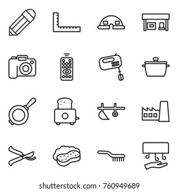 Thin line icon set : pencil, ruler, dome house, gas station, camera, remote control, mixer, pan, toaster, plow, factory, pruner, sponge with foam, brush, hand dryer