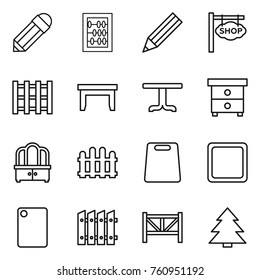 Thin line icon set : pencil, abacus, shop signboard, pallet, table, nightstand, dresser, fence, cutting board, farm, spruce