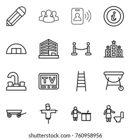 Thin line icon set : pencil, group, pass card, info, hangare, office, vip fence, hotel, water tap, tv, stairs, bbq, trailer, scarecrow, kitchen cleaning, toilet