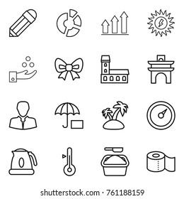 Thin line icon set : pencil, circle diagram, graph up, sun power, chemical industry, bow, mansion, arch, client, insurance, island, barometer, kettle, thermometer, washing powder, toilet paper