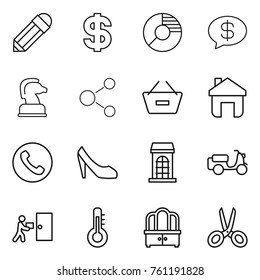 Thin line icon set : pencil, dollar, circle diagram, money message, chess horse, molecule, remove from basket, home, phone, shoes, building, scooter shipping, courier delivery, thermometer, dresser