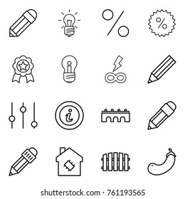 Thin line icon set : pencil, bulb, percent, medal, infinity power, equalizer, info, bridge, smart house, fence, eggplant
