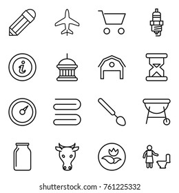 Thin line icon set : pencil, plane, cart, spark plug, info, goverment house, barn, sand clock, barometer, towel, big spoon, bbq, bank, cow, ecology, toilet cleaning
