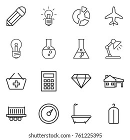 Thin line icon set : pencil, bulb, circle diagram, plane, round flask, table lamp, add to basket, calculator, diamond, house with garage, truck shipping, barometer, bath, dry wash