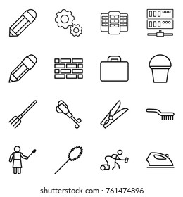 Thin line icon set : pencil, gear, server, brick wall, suitcase, bucket, fork, blower, clothespin, brush, woman with duster, vacuum cleaner, iron