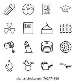 Thin line icon set : pencil, clock, abacus, graduate hat, nuclear, copybook, loading crane, fence, mixer, stands for knives, pancakes, cookies, fire, beet, watering can, brush