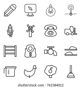 Thin line icon set : pencil, monitor arrow, rocket, laser, spark plug, windmill, phone, fork loader, rack, life vest, water tap, slippers, measuring cup, chicken, garden, plunger