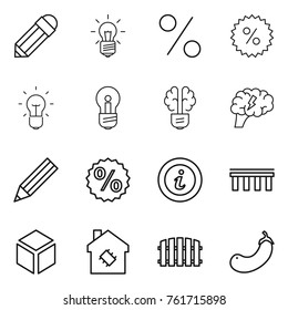 Thin line icon set : pencil, bulb, percent, brain, info, bridge, 3d, smart house, fence, eggplant