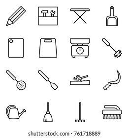 Thin line icon set : pencil, tools, iron board, scoop, cutting, kitchen scales, whisk, skimmer, spatula, soil cutter, sickle, watering can, broom, rake, brush