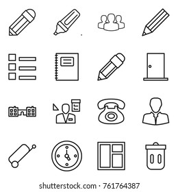 Thin line icon set : pencil, marker, group, list, copybook, door, school, architector, phone, client, suitcase, watch, window, trash bin