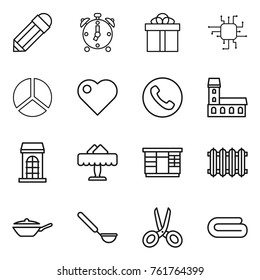 Thin line icon set : pencil, alarm clock, gift, chip, diagram, heart, phone, mansion, building, restaurant, wardrobe, radiator, pan, ladle, scissors, towel