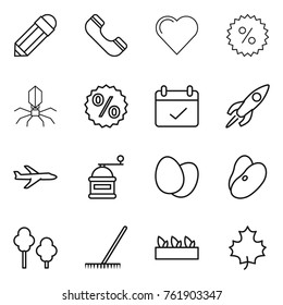 Thin line icon set : pencil, phone, heart, percent, virus, terms, rocket, plane, hand mill, eggs, beans, trees, rake, seedling, maple leaf