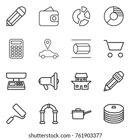 Thin line icon set : pencil, wallet, circle diagram, calculator, car pointer, nano tube, cart, market scales, megafon, japanese house, repair, arch, saute pan, pancakes