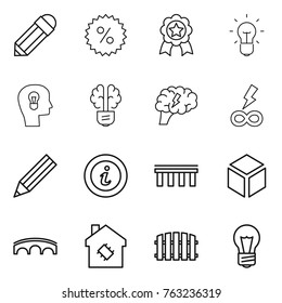 Thin line icon set : pencil, percent, medal, bulb, head, brain, infinity power, info, bridge, 3d, smart house, fence