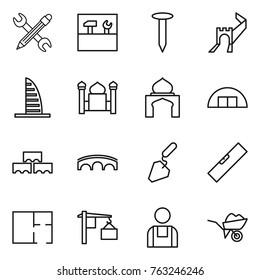 Thin line icon set : pencil wrench, tools, nail, greate wall, skyscraper, minaret, hangare, block, bridge, construction, level, plan, loading, workman, wheelbarrow