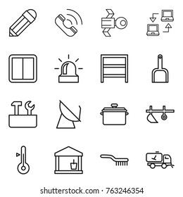 Thin line icon set : pencil, call, satellite, notebook connect, power switch, alarm, rack, scoop, repair tools, antenna, pan, plow, thermometer, utility room, brush, home cleaning