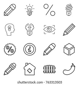 Thin line icon set : pencil, bulb, percent, head, brain, eye identity, info, 3d, smart house, fence, eggplant