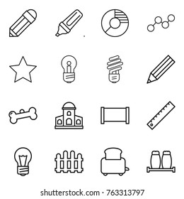 Thin line icon set : pencil, marker, circle diagram, graph, star, bulb, bone, mansion, fence, ruler, toaster, salt pepper