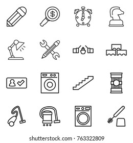Thin line icon set : pencil, dollar magnifier, alarm clock, chess horse, table lamp, wrench, drawbridge, block wall, check in, washing machine, stairs, pasta, vacuum cleaner, toilet brush