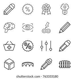 Thin line icon set : pencil, percent, medal, bulb brain, eye identity, infinity power, add to basket, equalizer, cube, bridge, fence