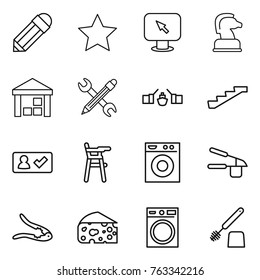 Thin line icon set : pencil, star, monitor arrow, chess horse, warehouse, wrench, drawbridge, stairs, check in, Chair for babies, washing machine, garlic clasp, walnut crack, cheese, toilet brush