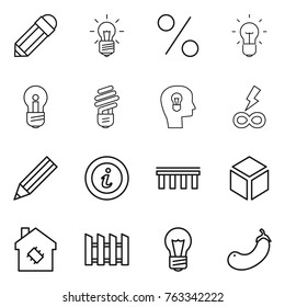 Thin line icon set : pencil, bulb, percent, head, infinity power, info, bridge, 3d, smart house, fence, eggplant