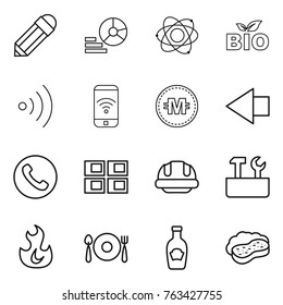 Thin line icon set : pencil, diagram, atom, bio, wireless, phone, crypto currency, left arrow, panel house, building helmet, repair tools, fire, fork spoon plate, ketchup, sponge with foam