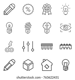 Thin line icon set : pencil, percent, medal, bulb, brain, eye identity, infinity power, equalizer, bridge, 3d, smart house