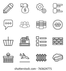 Thin line icon set : pencil, money gift, gear, diagram, message, group, server, crypto currency, basket, cashbox, list, brick wall, university, arrival, radiator, sponge with foam