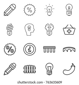 Thin line icon set : pencil, percent, bulb, head, brain, add to basket, info, bridge, fence, eggplant