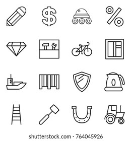 Thin line icon set : pencil, dollar, lunar rover, percent, diamond, tools, bike, window, sea shipping, bar code, shield, kettle, stairs, meat hammer, horseshoe, tractor