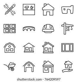 Thin line icon set : pencil wrench, tools, home, slum, panel house, bridge, building helmet, tower crane, window, wheelbarrow, barn, housing