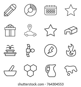Thin line icon set : pencil, circle diagram, calendar, star, gift, car pointer, warehouse, fountain, satellite, electricity, fire, mortar, honeycombs, jug, spot