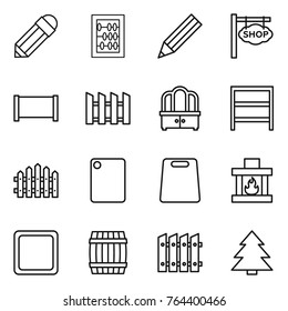 Thin line icon set : pencil, abacus, shop signboard, fence, dresser, rack, cutting board, fireplace, barrel, spruce