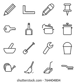 Thin Line Icon Set : Pencil, Ruler, Pin, Key, Scoop, Steam Pan, Mortar, Shovel, Wrench, Bucket, Watering Can, Broom, Brush